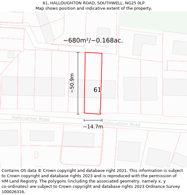 61, HALLOUGHTON ROAD, SOUTHWELL, NG25 0LP: Plot and title map