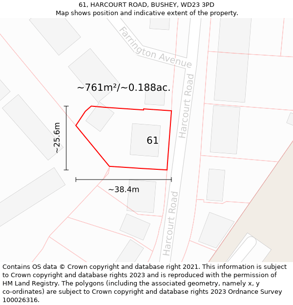 61, HARCOURT ROAD, BUSHEY, WD23 3PD: Plot and title map