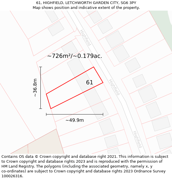 61, HIGHFIELD, LETCHWORTH GARDEN CITY, SG6 3PY: Plot and title map