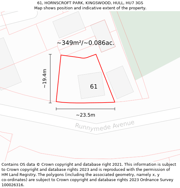 61, HORNSCROFT PARK, KINGSWOOD, HULL, HU7 3GS: Plot and title map