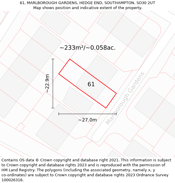 61, MARLBOROUGH GARDENS, HEDGE END, SOUTHAMPTON, SO30 2UT: Plot and title map