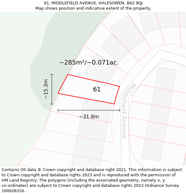 61, MIDDLEFIELD AVENUE, HALESOWEN, B62 9QJ: Plot and title map