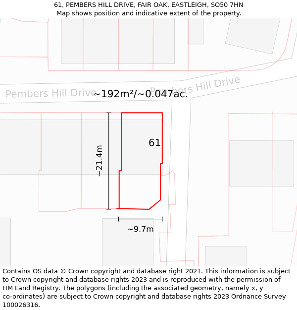 61, PEMBERS HILL DRIVE, FAIR OAK, EASTLEIGH, SO50 7HN: Plot and title map