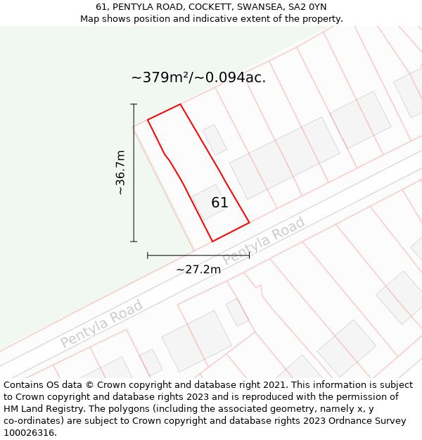 61, PENTYLA ROAD, COCKETT, SWANSEA, SA2 0YN: Plot and title map