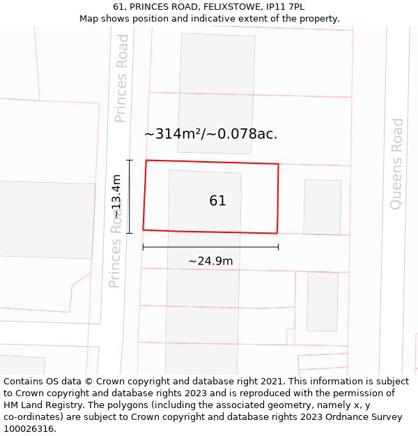 61, PRINCES ROAD, FELIXSTOWE, IP11 7PL: Plot and title map