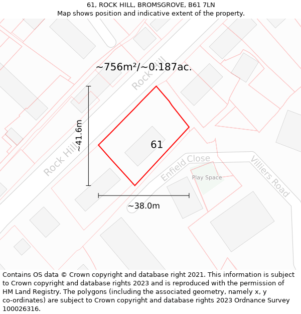 61, ROCK HILL, BROMSGROVE, B61 7LN: Plot and title map