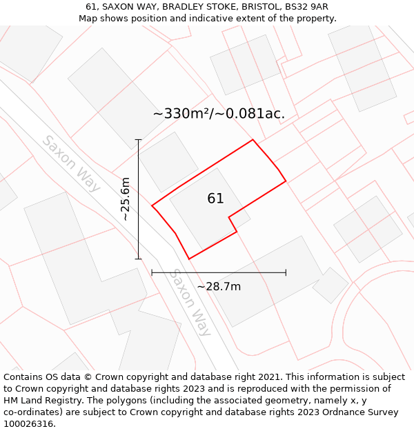 61, SAXON WAY, BRADLEY STOKE, BRISTOL, BS32 9AR: Plot and title map