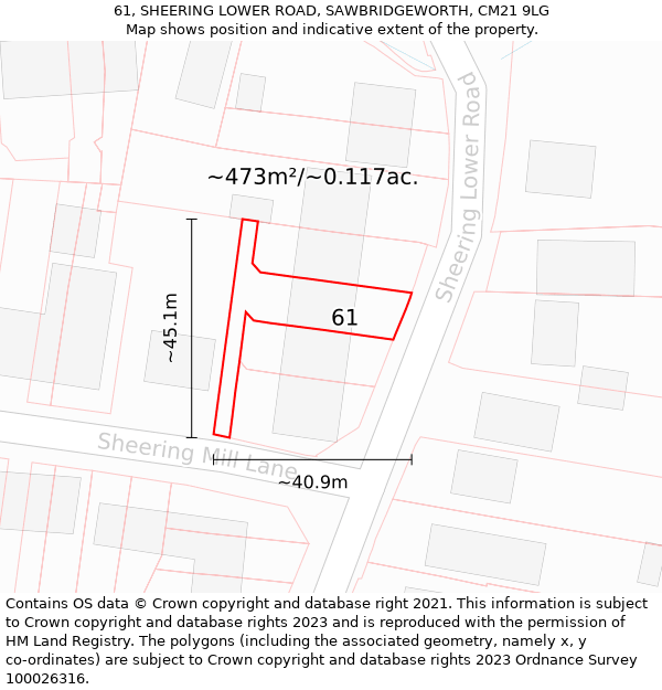 61, SHEERING LOWER ROAD, SAWBRIDGEWORTH, CM21 9LG: Plot and title map