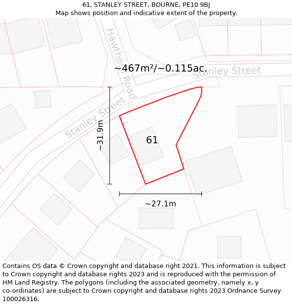 61, STANLEY STREET, BOURNE, PE10 9BJ: Plot and title map