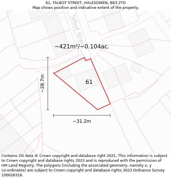 61, TALBOT STREET, HALESOWEN, B63 2TD: Plot and title map