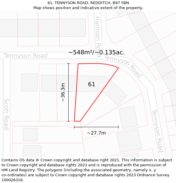 61, TENNYSON ROAD, REDDITCH, B97 5BN: Plot and title map