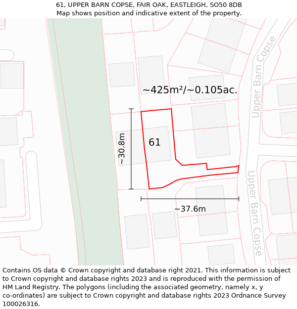 61, UPPER BARN COPSE, FAIR OAK, EASTLEIGH, SO50 8DB: Plot and title map