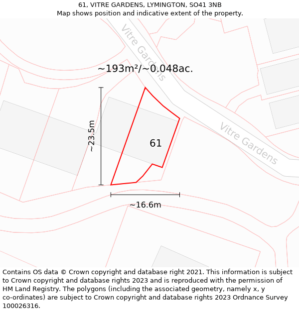 61, VITRE GARDENS, LYMINGTON, SO41 3NB: Plot and title map