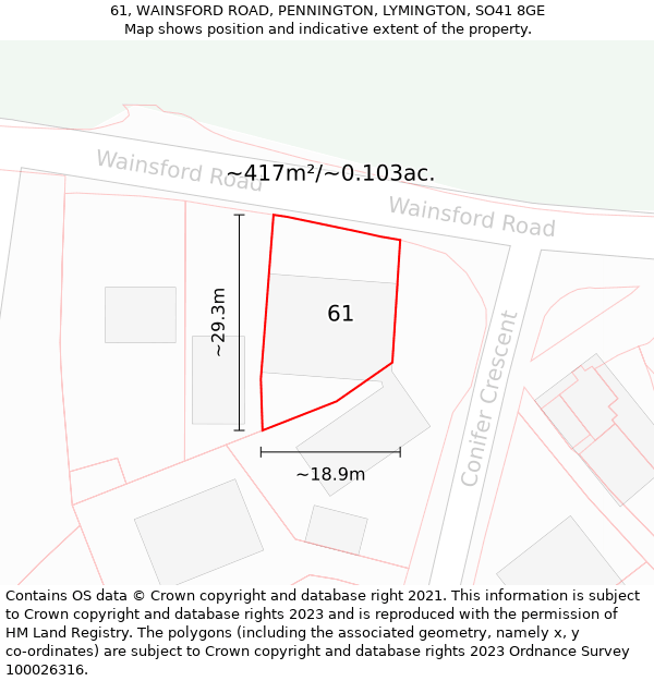 61, WAINSFORD ROAD, PENNINGTON, LYMINGTON, SO41 8GE: Plot and title map