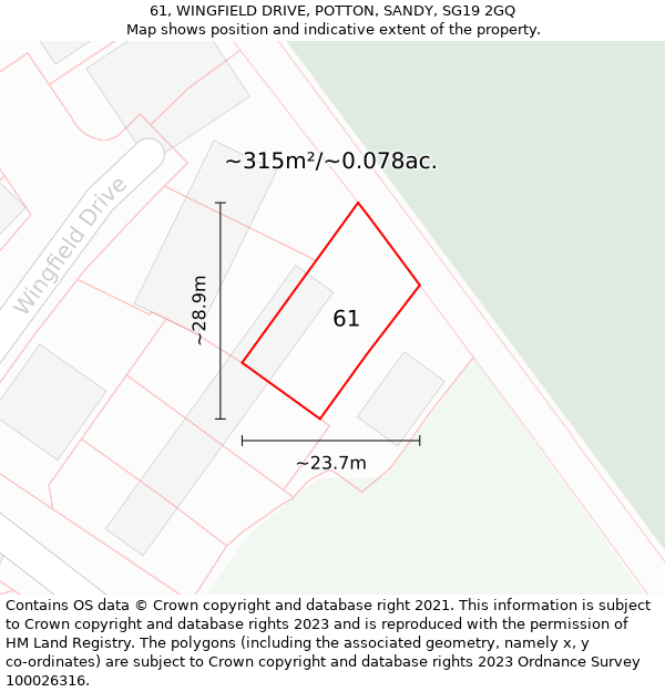 61, WINGFIELD DRIVE, POTTON, SANDY, SG19 2GQ: Plot and title map