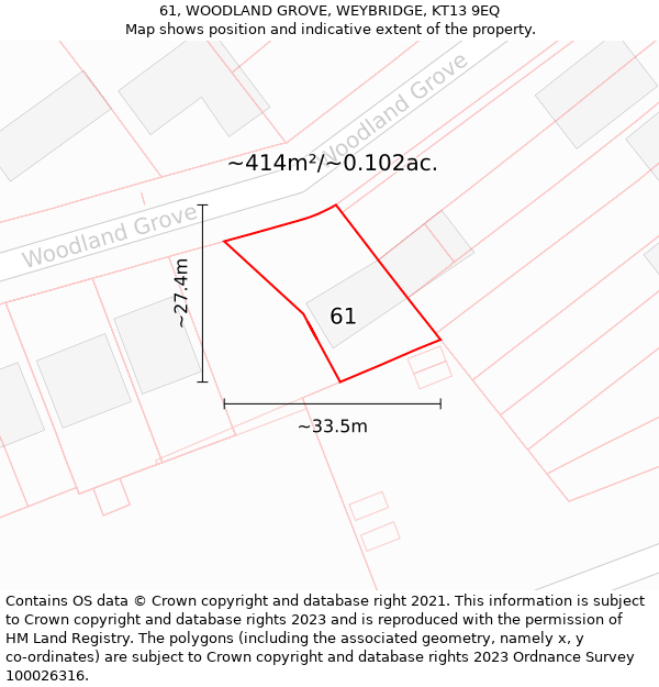 61, WOODLAND GROVE, WEYBRIDGE, KT13 9EQ: Plot and title map