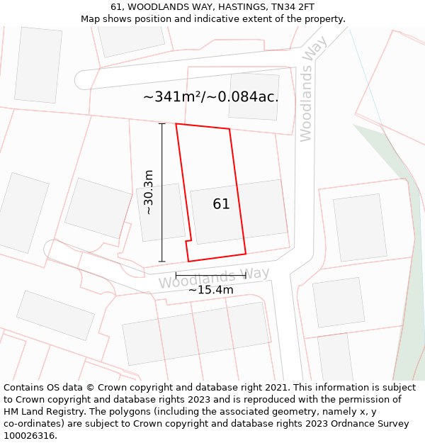 61, WOODLANDS WAY, HASTINGS, TN34 2FT: Plot and title map