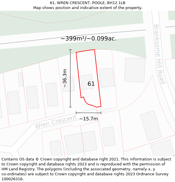 61, WREN CRESCENT, POOLE, BH12 1LB: Plot and title map