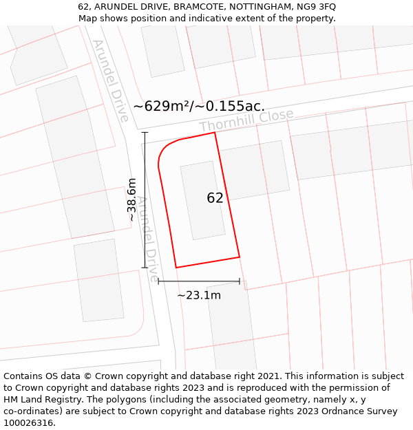 62, ARUNDEL DRIVE, BRAMCOTE, NOTTINGHAM, NG9 3FQ: Plot and title map