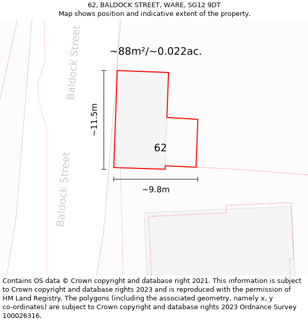 62, BALDOCK STREET, WARE, SG12 9DT: Plot and title map