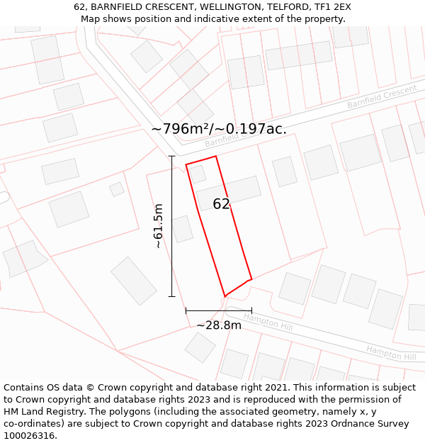 62, BARNFIELD CRESCENT, WELLINGTON, TELFORD, TF1 2EX: Plot and title map