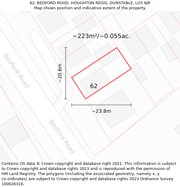 62, BEDFORD ROAD, HOUGHTON REGIS, DUNSTABLE, LU5 6JR: Plot and title map