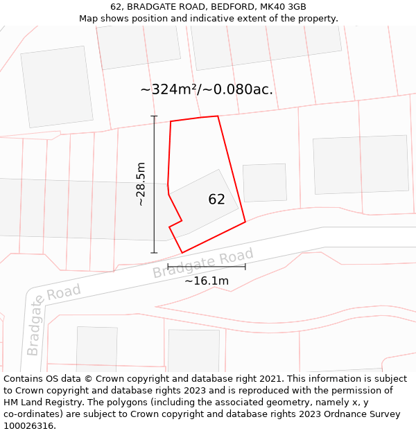 62, BRADGATE ROAD, BEDFORD, MK40 3GB: Plot and title map