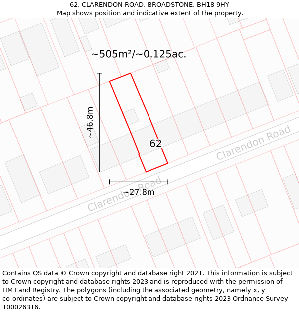 62, CLARENDON ROAD, BROADSTONE, BH18 9HY: Plot and title map