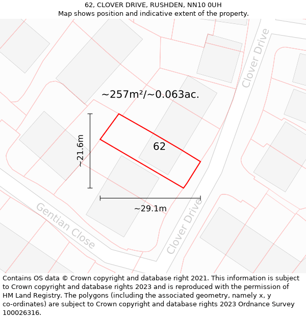 62, CLOVER DRIVE, RUSHDEN, NN10 0UH: Plot and title map