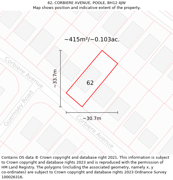 62, CORBIERE AVENUE, POOLE, BH12 4JW: Plot and title map