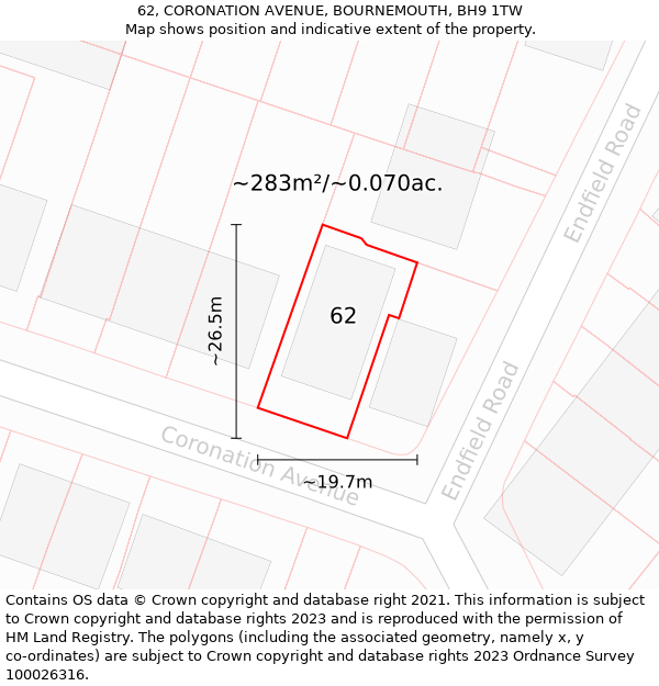 62, CORONATION AVENUE, BOURNEMOUTH, BH9 1TW: Plot and title map