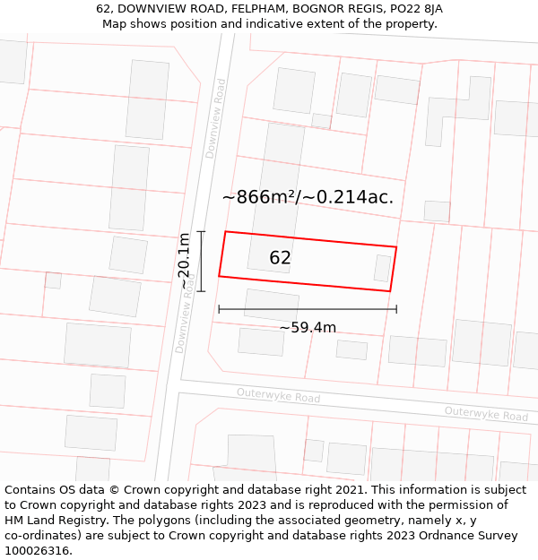 62, DOWNVIEW ROAD, FELPHAM, BOGNOR REGIS, PO22 8JA: Plot and title map