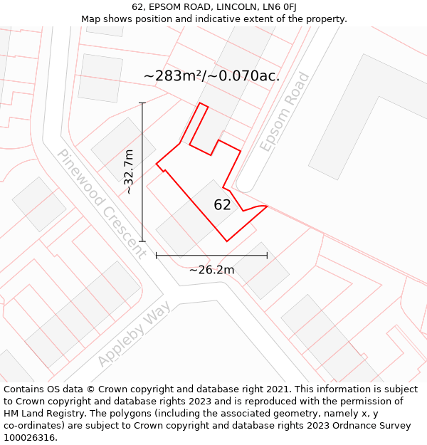 62, EPSOM ROAD, LINCOLN, LN6 0FJ: Plot and title map