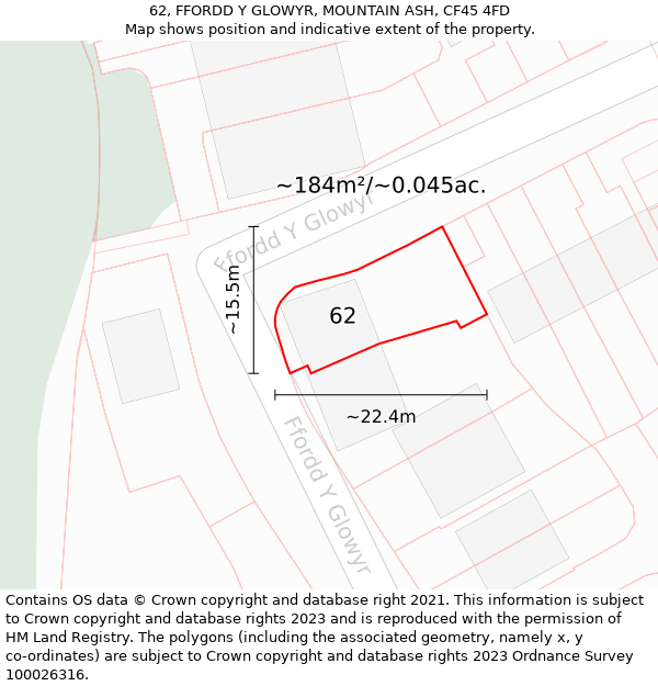 62, FFORDD Y GLOWYR, MOUNTAIN ASH, CF45 4FD: Plot and title map