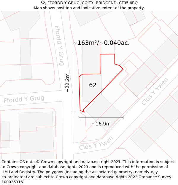 62, FFORDD Y GRUG, COITY, BRIDGEND, CF35 6BQ: Plot and title map