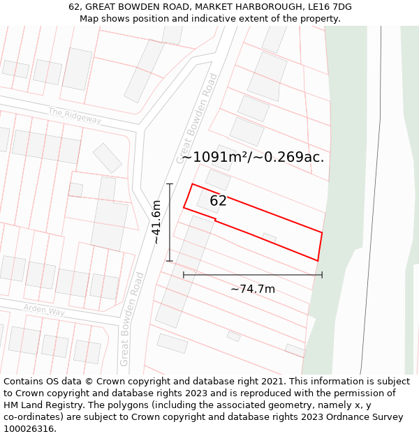 62, GREAT BOWDEN ROAD, MARKET HARBOROUGH, LE16 7DG: Plot and title map