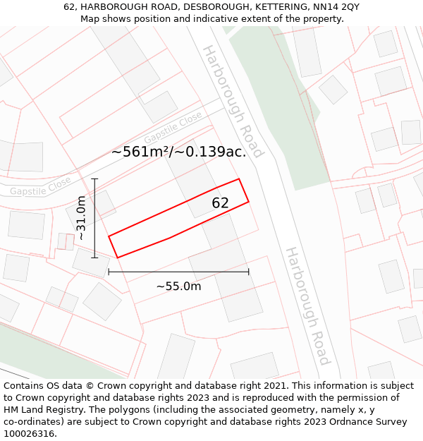 62, HARBOROUGH ROAD, DESBOROUGH, KETTERING, NN14 2QY: Plot and title map