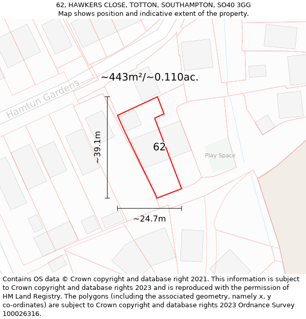 62, HAWKERS CLOSE, TOTTON, SOUTHAMPTON, SO40 3GG: Plot and title map