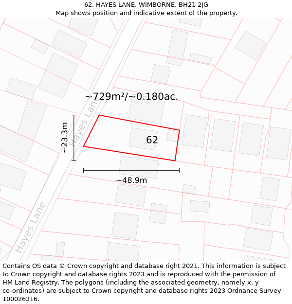 62, HAYES LANE, WIMBORNE, BH21 2JG: Plot and title map