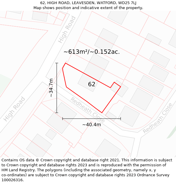 62, HIGH ROAD, LEAVESDEN, WATFORD, WD25 7LJ: Plot and title map