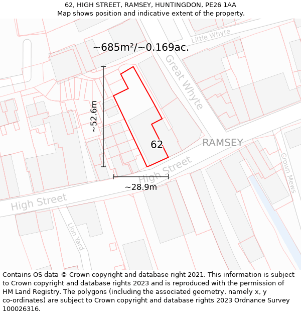 62, HIGH STREET, RAMSEY, HUNTINGDON, PE26 1AA: Plot and title map