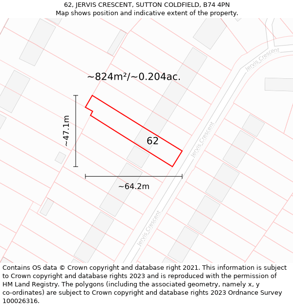 62, JERVIS CRESCENT, SUTTON COLDFIELD, B74 4PN: Plot and title map