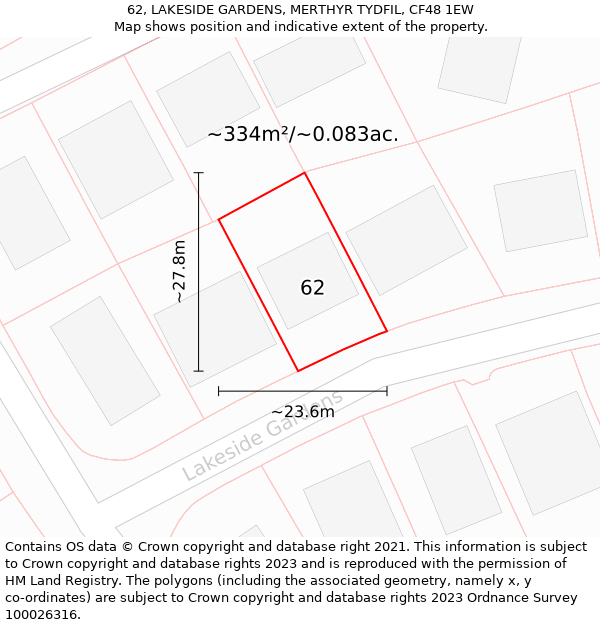 62, LAKESIDE GARDENS, MERTHYR TYDFIL, CF48 1EW: Plot and title map