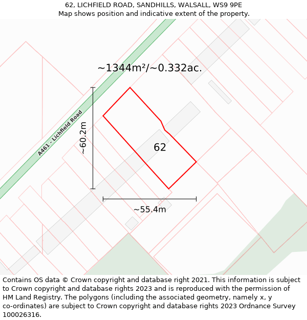 62, LICHFIELD ROAD, SANDHILLS, WALSALL, WS9 9PE: Plot and title map