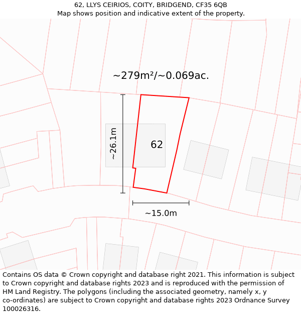 62, LLYS CEIRIOS, COITY, BRIDGEND, CF35 6QB: Plot and title map