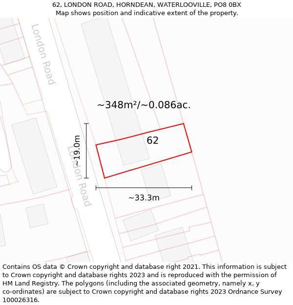 62, LONDON ROAD, HORNDEAN, WATERLOOVILLE, PO8 0BX: Plot and title map