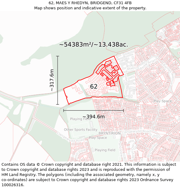 62, MAES Y RHEDYN, BRIDGEND, CF31 4FB: Plot and title map