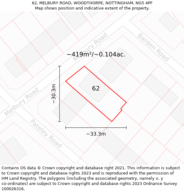 62, MELBURY ROAD, WOODTHORPE, NOTTINGHAM, NG5 4PF: Plot and title map