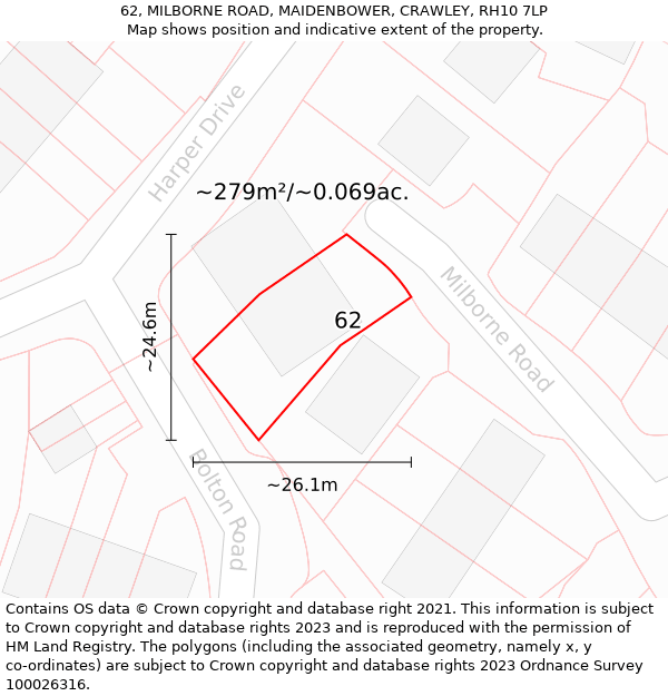 62, MILBORNE ROAD, MAIDENBOWER, CRAWLEY, RH10 7LP: Plot and title map