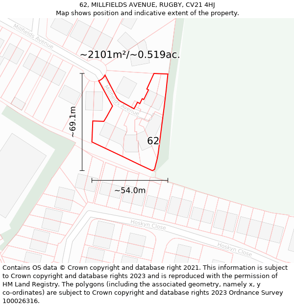 62, MILLFIELDS AVENUE, RUGBY, CV21 4HJ: Plot and title map